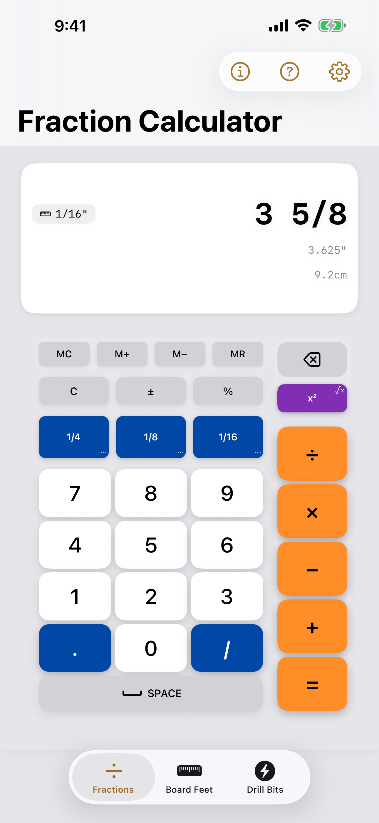 Fraction Calculator showing 3 5/8 result