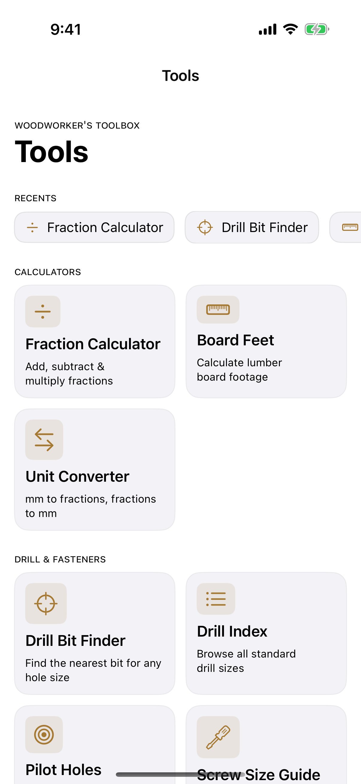 Woodworker's Toolbox home screen showing all 8 tools